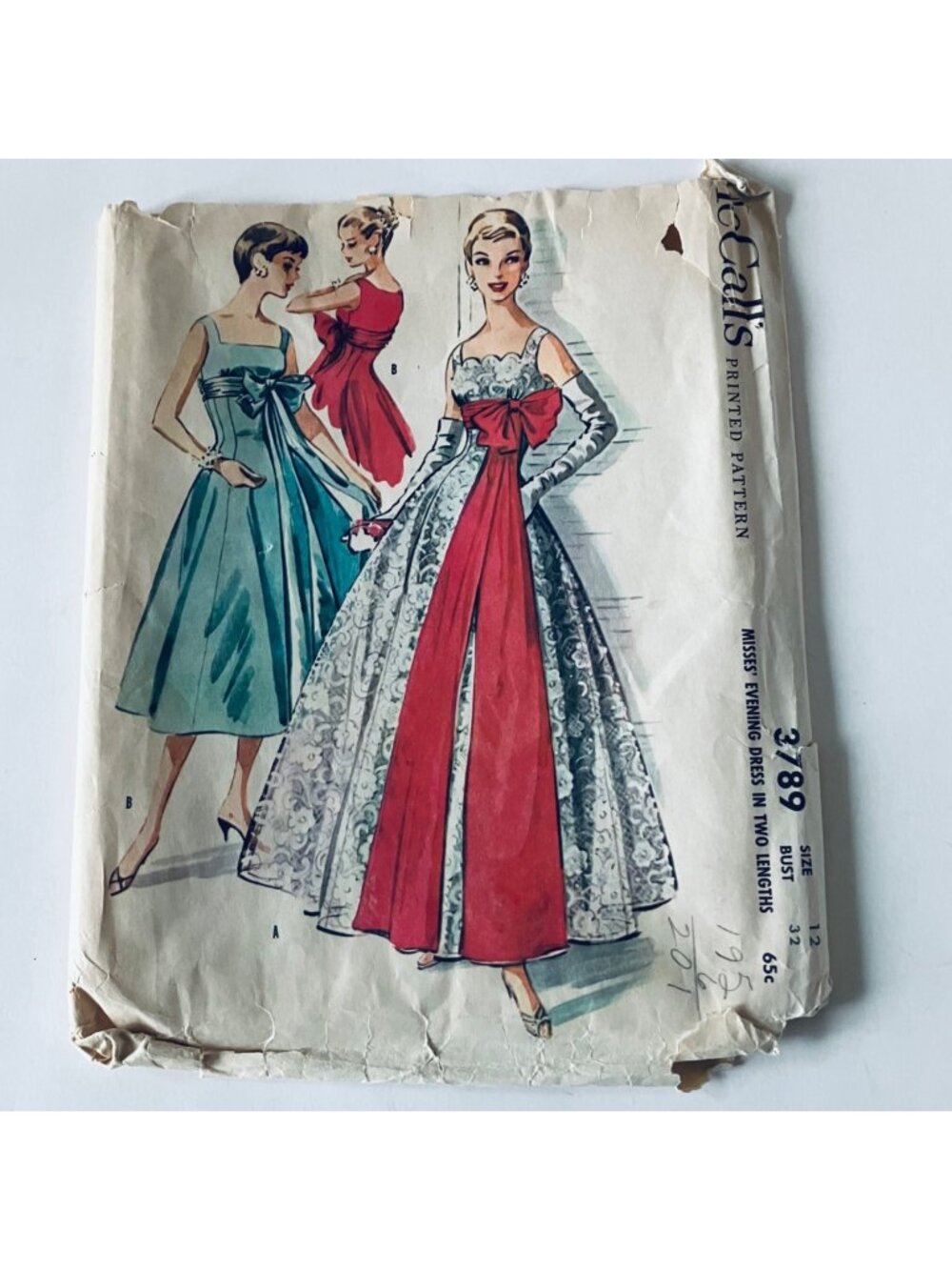 1950s McCalls 3789 B32 Dress Evening Gown Pattern with Dramatic Long Sash CC